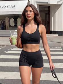 Gameset SHEIN Sport 女款素色無縫可調式肩帶運動內衣 - 黑色 - 查看 11