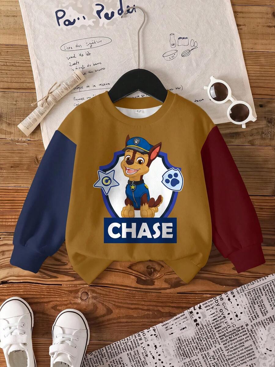 SHEIN | PAW Patrol 男童休闲日常通勤时尚街头趣味卡通狗字母图案撞色落肩宽松圆领卫衣,秋/春季款 - 白色 - 查看 1