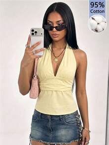 SHEIN ICON Áo hai dây dáng chữ A cổ chữ V sâu, hở lưng, thắt eo, chất liệu 95% cotton, màu vàng. - Vàng nhạt - Xem 4
