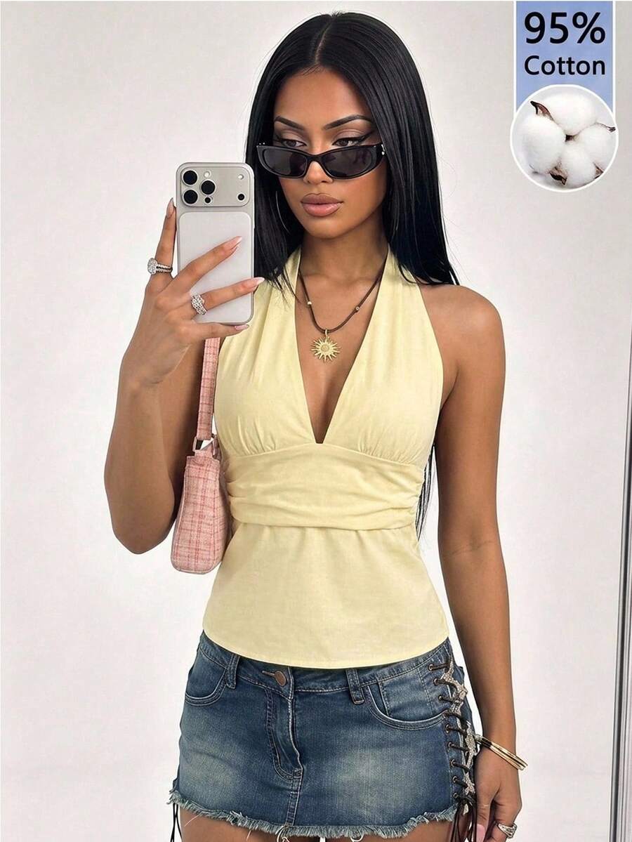 SHEIN ICON 95%纯棉深V领露背系带A字吊带背心，黄色