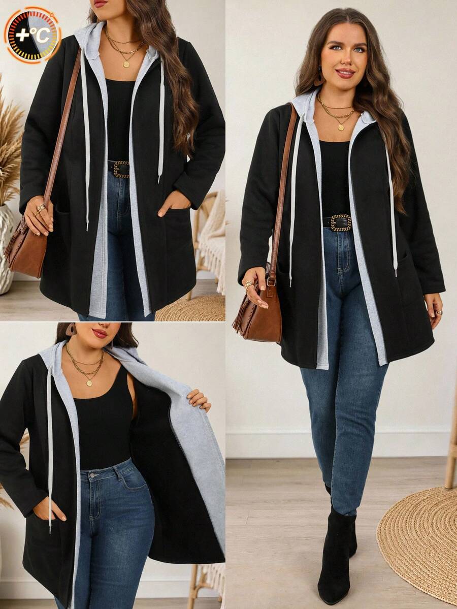 EMERY ROSE Plus Size Women's Color Block Hooded Zip Up Long Sleeve Contrast Trim Pocket Mid-Length Jacket Outerwear Autumn Coat Fashion 2026 Concert Black Baggy - Multicolor - View 1