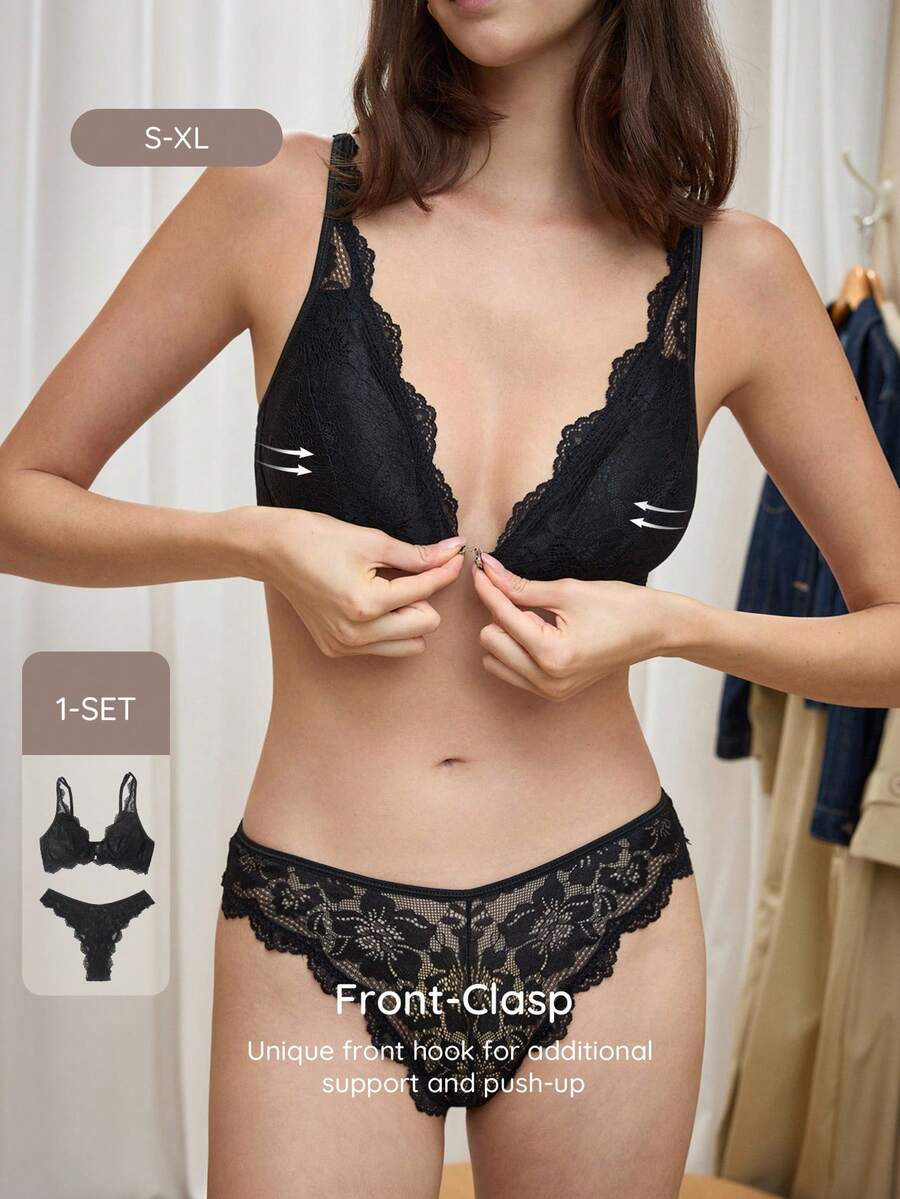 Bralution 2pcs Black Molded Cup Water Drop Cup Push Up Lace Patchwork Sheer Rhinestone Glitter Romantic French Women's Lingerie Set Wedding Guest - Black - View 1