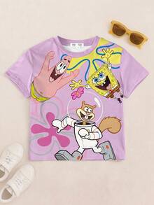 SpongeBob SquarePants | SHEIN Tween Girl Casual Cartoon Graphic Round Neck Short Sleeve T-Shirt, Summer - White - View 1