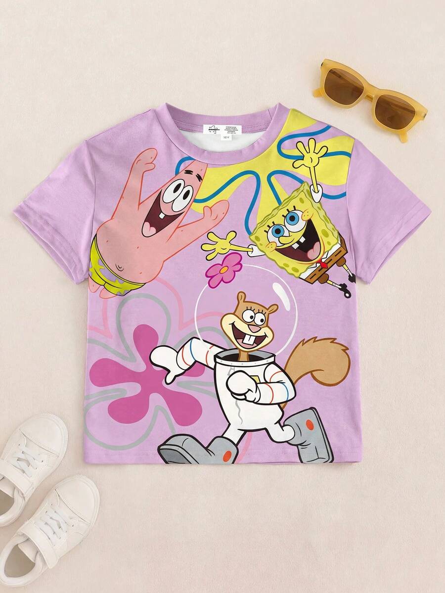 SpongeBob SquarePants | SHEIN Tween Girl Casual Cartoon Graphic Round Neck Short Sleeve T-Shirt, Summer - White - View 1