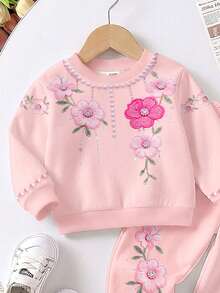 SHEIN 2件組女嬰夏季可愛3D刺繡大花珍珠印花休閒極簡風抓絨圓領衛衣與修身喇叭褲套裝，四季適用，戶外可愛夏季女嬰服飾，韓系風格，返校季 - 彩色 - 查看 4