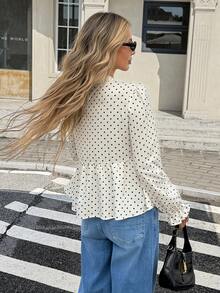 Serisse 女款優雅浪漫V領波點蕾絲拼接休閒百搭日常穿著上衣，適合外出、夏季上班、早午餐、辦公室、生日派對 - 彩色 - 查看 3