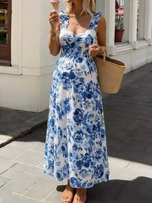 SHEIN Maternity Floral Print A-Line Dress With Wide Strap, Shirred Bust And Frill Trim Business Casual Elegant Outfit Daily Commute - Blue and White - View 9