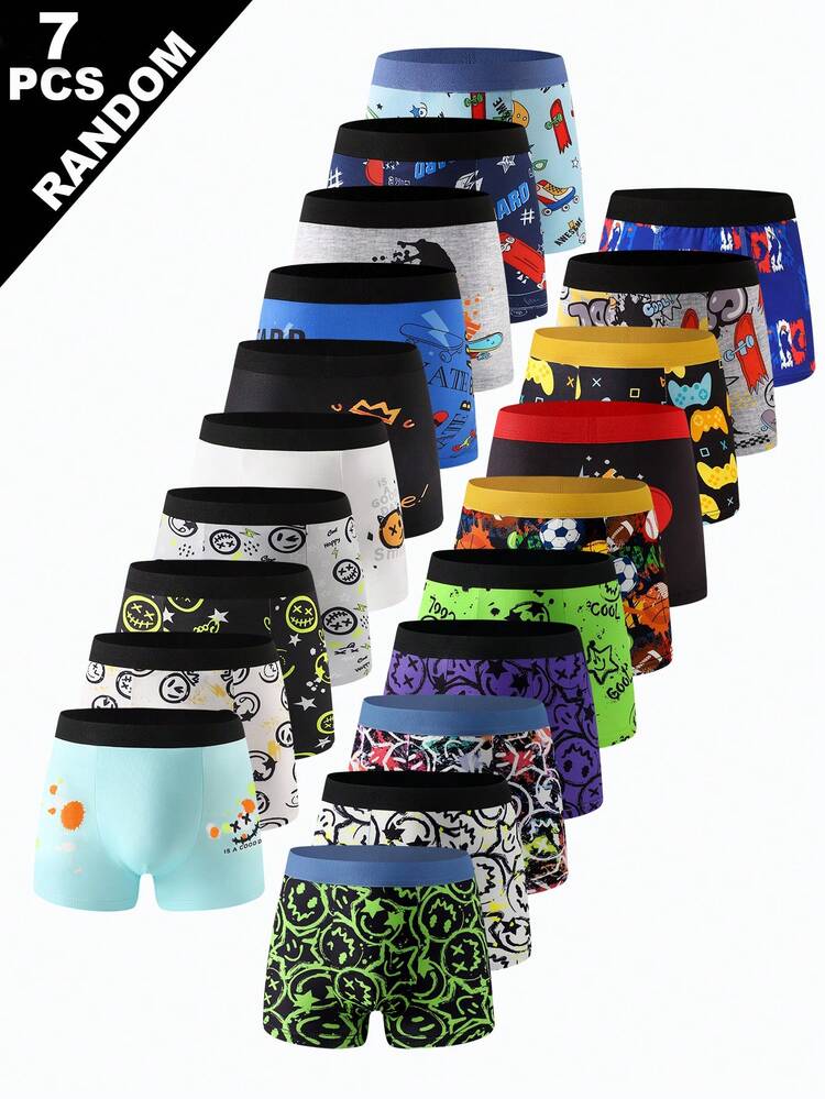 Randomly Ships 7 Of 18  Pcs Boys' Comfortable Printed Sports & Skateboard Design Boxer Briefs, Fashionable Cartoon Print Underwear - Multicolor - View 1