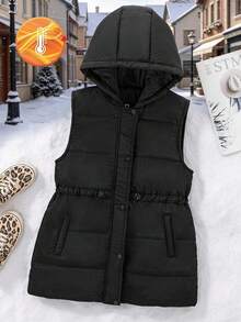 Tween Girls' Hooded Cinched Waist Padded Vest, Mid-Length Zipper, Sleeveless Jacket, Versatile For Autumn/Winter Fall - Black - View 1