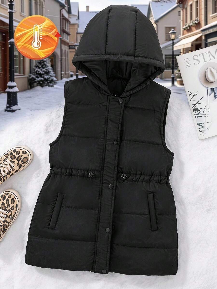 Tween Girls' Hooded Cinched Waist Padded Vest, Mid-Length Zipper, Sleeveless Jacket, Versatile For Autumn/Winter Fall - Black - View 1