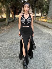 Goth ROMWE X Lorella Snake Printed Neck Hanging Lady's Bodycon Waist Cinched Camisole - Black - View 2