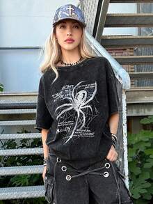 Grunge Punk ROMWE X Lorella 女款復古做舊蜘蛛標語印花雪洗短袖T恤，適合嘻哈街頭風與音樂節，DON'T TOUCH THE BOTTOM LINE，校園，中性款 - 黑色 - 查看 4