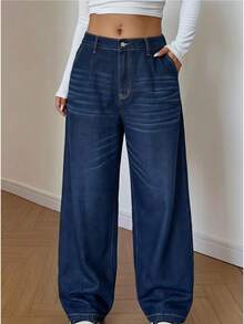 Jeanoix Plus Size Dark Blue Denim Jeans, Premium Texture, Non-Stretch Straight Leg Long Pants - Dark Wash - View 8