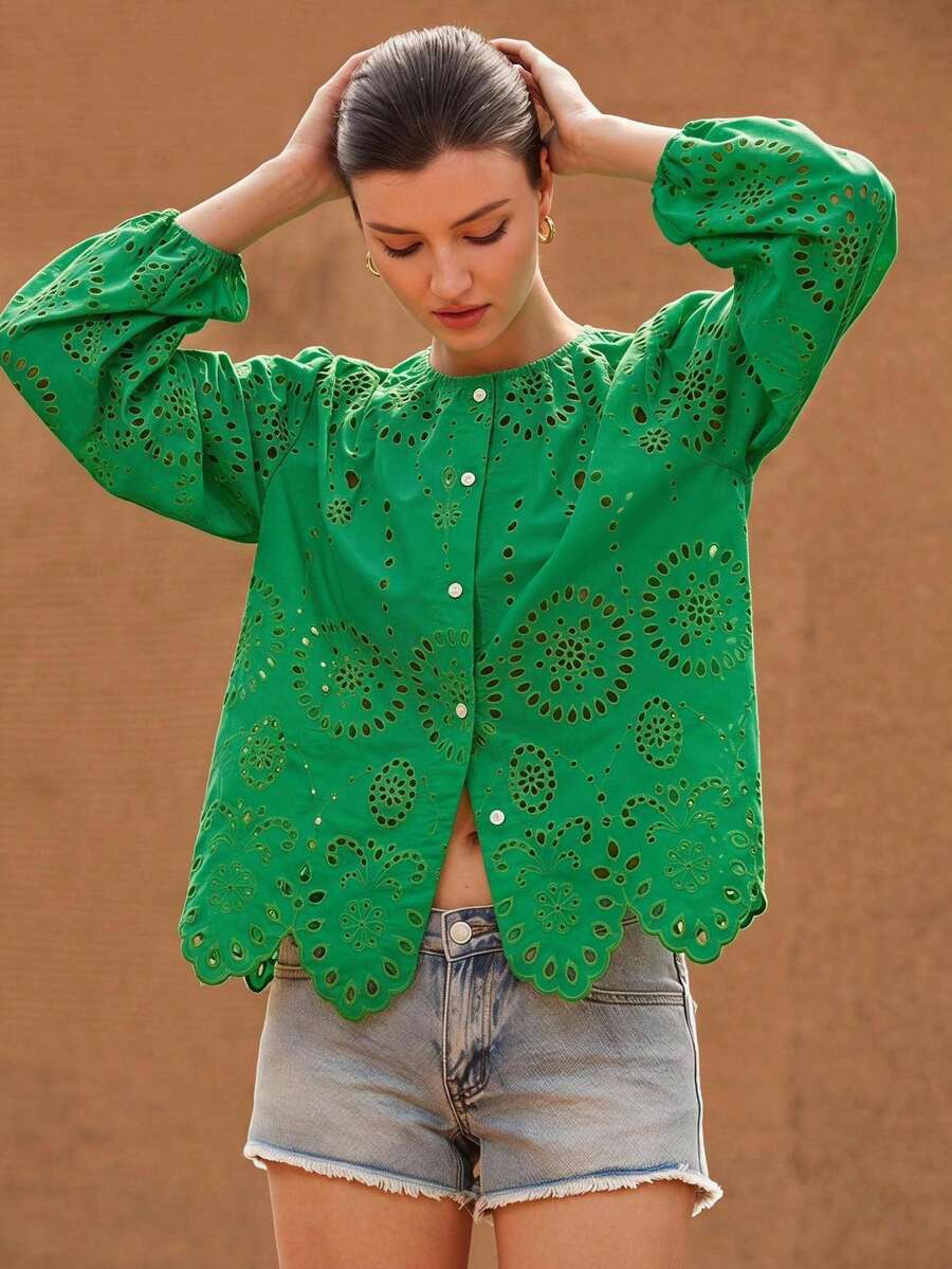 Frievida Women's Round Neck Embroidered Positioned Edge Long Sleeve Blouse Vacation Green Summer Boho Elegant - Olive Green - View 1