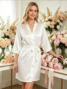 Cirelle 1pc Satin Bride Robe With Gold Embroidery - Soft Silk Kimono Bridal Robe For Women - Short White Bathrobe Loungewear For Wedding Day, Bridal Party & Getting Ready - White - View 10