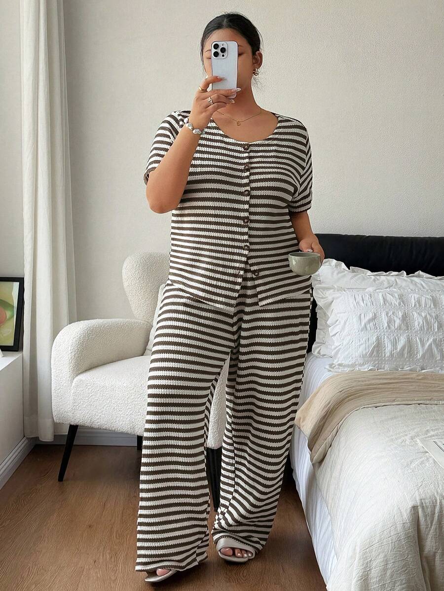 Napfluff CURVE Napfluff CURVE Striped Women's Spring/Autumn Short Sleeve & Long Pants Fashion Loungewear 2 Pieces Set Plus Size - Multicolor - View 1