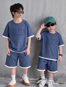2pcs/Set Pakaian Anak Laki-laki Kasual 2 in 1 Kaos Lengan Pendek dan Celana Pendek dengan Motif Huruf, Cocok untuk Berpergian, Sekolah, Pakaian Sehari-hari, Olahraga, Musim Semi/Panas - Royal Blue - View 1