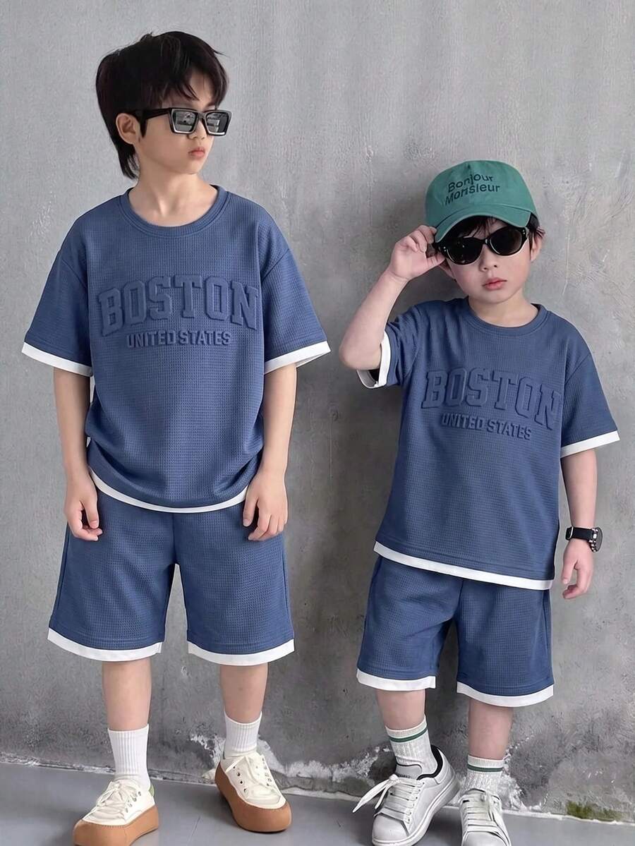 2pcs/Set Pakaian Anak Laki-laki Kasual 2 in 1 Kaos Lengan Pendek dan Celana Pendek dengan Motif Huruf, Cocok untuk Berpergian, Sekolah, Pakaian Sehari-hari, Olahraga, Musim Semi/Panas - Royal Blue - View 1