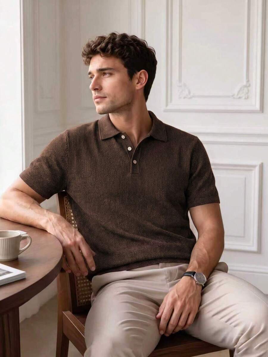 Core Aspect Men's Solid Color Short Sleeve Polo Shirt, Summer Lightweight Turn Collar Short Sleeve Business Casual Top - Coffee Brown - View 1