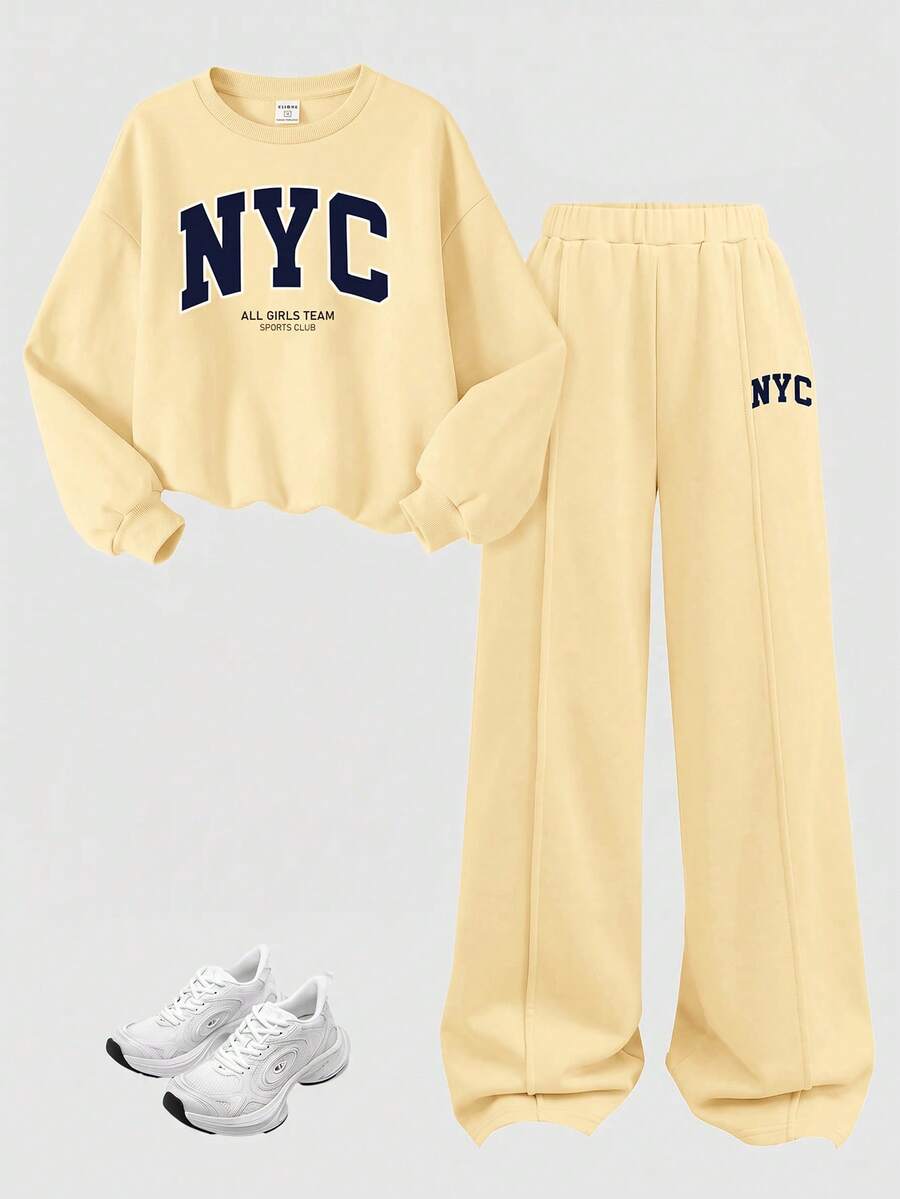 SHEIN Girlism 青少年女孩秋冬休閒抓絨內裡加厚運動衫套裝,紐約市印花寬鬆圓領落肩長袖套頭衫搭配同款印花百褶寬腿直筒運動長褲,2件式運動風套裝,麻灰色 - 黃色 - 查看 1