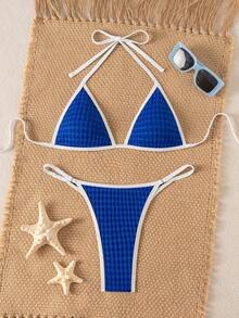 Costavie Bonvoyette Summer Beach Edging Texture Deep V Cold Shoulder Sexy Bikini Swimwear Set - Blue - View 3