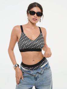 Bralution Women's Letter Print Bra And Triangle Panty Sports Underwear Set - Black and White - View 6