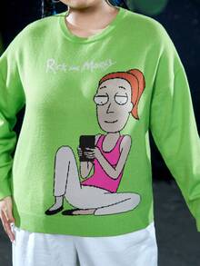 Rick and Morty X SHEIN Plus Figure & Letter Pattern Drop Shoulder Sweater - Green - View 7