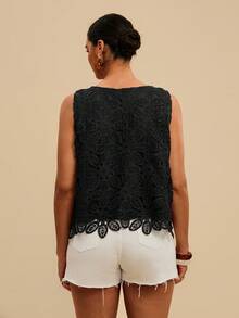 Travachic Plus Size Women's Crochet Knit Round Neck Sleeveless Casual Black Top - Vacation Summer Holiday Beach Evening Formal Valentine's Day Carnival Elegant - Black - View 2