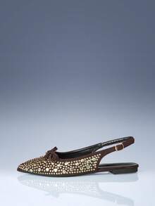 CUCCOO GRLICON French Retro Dark Brown Rivet Pointed Back Strap Flats, Niche Bow Design Sandals Fall Shoes - dark brown - View 2