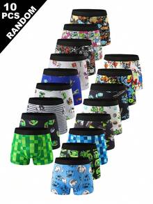 SHEIN [10 Sets Random]Tween Boys Boxer Briefs, Soft Breathable Knit Underwear Variety Pack With Red Leopard, Dinosaur & Striped Prints - Multicolor - View 1