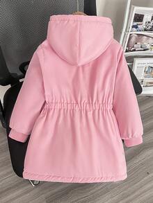 SHEIN Elladie kids 女童白色可正反穿拉鍊連帽蝴蝶結毛絨內裡加厚中長版鋪棉外套，冬季夾克粉色加厚連帽西式外套 - 淺粉色 - 查看 5