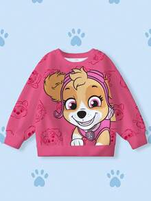 SHEIN | PAW Patrol 年轻女孩可爱卡通狗印花保暖内衬套头衫，休闲日常通勤，秋冬 - 白色 - 查看 1