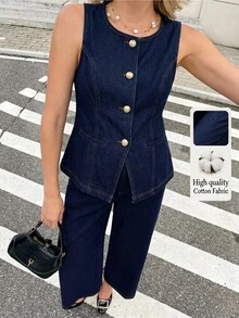 MaterniWear Maternity Crew Neck Single-Breasted Vest And Pants Casual Denim 2 Pieces Set - Dark Wash - View 4