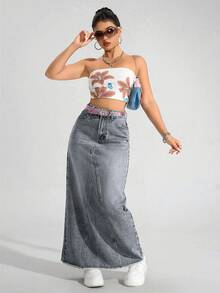 SHEIN ICON Plus Size Women Vintage Washed Denim Skirt, Autumn/Winter Date Night Dark Wash - Light Grey - View 3