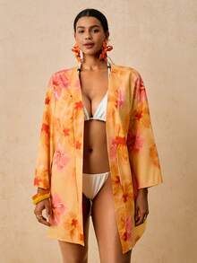 Travachic Baju Penutup Wanita Ukuran Besar Motif Ikan Laut Aprikot, Kimono Longgar Lengan Sedang, Motif Romantis Musim Semi Awal Pantai Pemandian Air Panas - MultiWarna - View 4