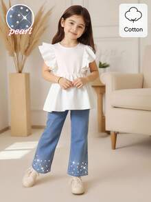 SHEIN Genkimix Kids 2件組女童可愛簡約休閒荷葉邊無袖上衣與時尚鉚釘牛仔褲套裝 返校服裝 白色上衣 夏季校園 - 彩色 - 查看 4