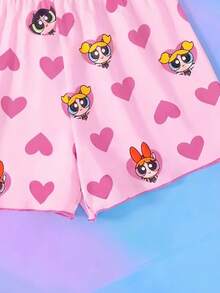 THE POWERPUFF GIRLS X SHEIN 青少年女孩全印花短袖上衣與短褲休閒日常居家睡衣套裝 - 粉色 - 查看 5