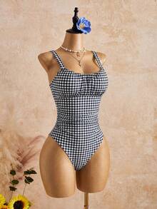 Swim Lushoire 女款度假海灘格紋連身泳衣 - 黑與白 - 查看 5