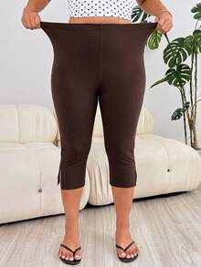 Muchica Chocolate Brown Plus Size Fitted Cropped Leggings With Side Slit Hem - Chocolate Brown - View 4