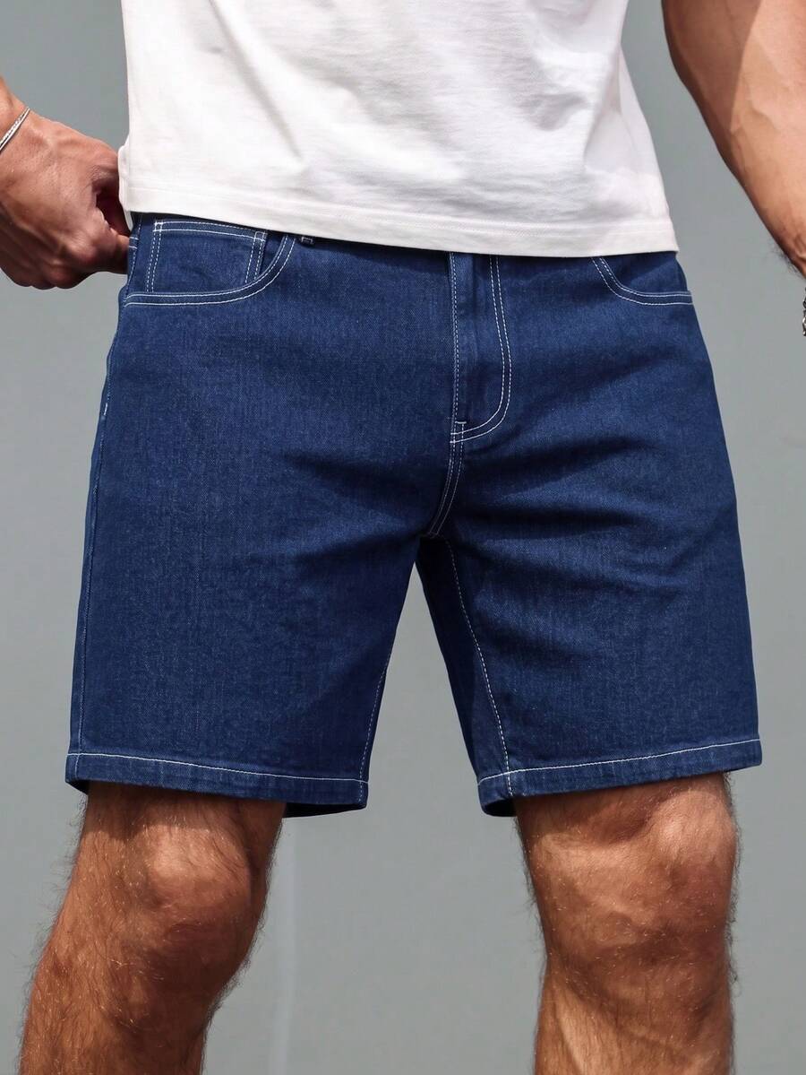 Manfinity Homme Men's Street Style Casual Blue Stretch Plus Size Denim Shorts - Dark Wash - View 1
