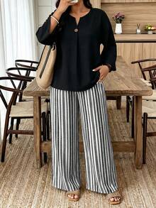 Weeklong Casual Style Plus Size Women's Solid Color Long Sleeve Shirt And Striped Pants 2pcs Set - Multicolor - View 1