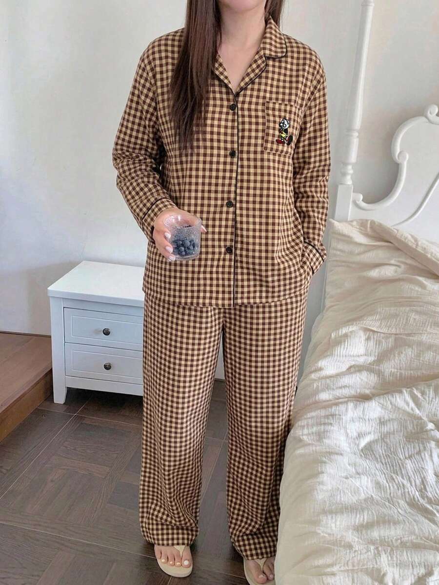 Dazy Plus Plaid Loose Pajama Set, Sleepwear Loungewear, All Season - Khaki - View 1