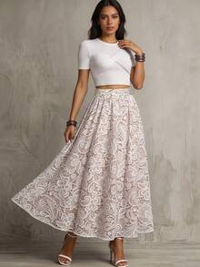 SHEIN Franclia Fashion Women's Placed Floral Print Skirt, Light Vacation Placed Floral Print Skirt; Elastic Waistband, Cross-Twist Waist Detail. Fashionable New Placed Floral Print Women's Skirt, A-Line Umbrella Skirt. - Multicolor - View 7
