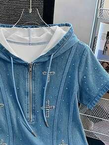 Resyla Half-Zip Hooded Denim Effect Short Sleeve T-Shirt, Spring/Summer New Design Asymmetrical Top - White - View 4