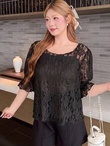 Bijouette Plus Size Black Lace Square Neck Puff Sleeve Blouse Ruffle Cuffs Ruched Slim Fit Women Slimming Versatile Elegant Brunch Birthday Summer - Black - View 5