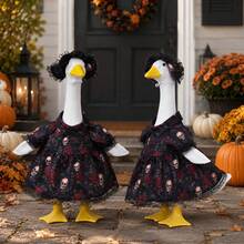 Halloween Gothic White Goose Figure With Skull & Rose Dress Lace Hat - Spooky Outdoor Garden Decoration - A - View 6
