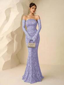 Coutiva Women's Faux Pearl Decor Ruched Waist Elegant Banquet Dress - Dark Purple - View 7