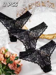 SHEIN 3pcs Women's Sexy Lace Metal Buckle Thong - Black - View 1