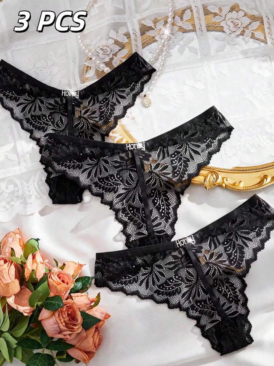 SHEIN 3pcs Women's Sexy Lace Metal Buckle Thong - Black - View 1