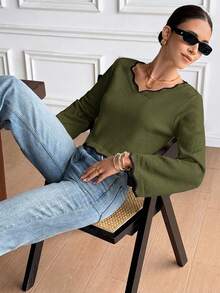 Serisse Women's Colorblock V-Neck Casual Daily Long Sleeve Sweater - Army Green - View 6